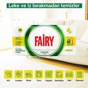 دستمال مرطوب سطوح فیری - بسته 100 عددی با رایحه لیمو